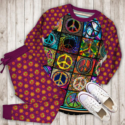 Hippie Peace Sign Pajama Set |Sleepwear Pjs Sets | Raglan Shirt Pants Set