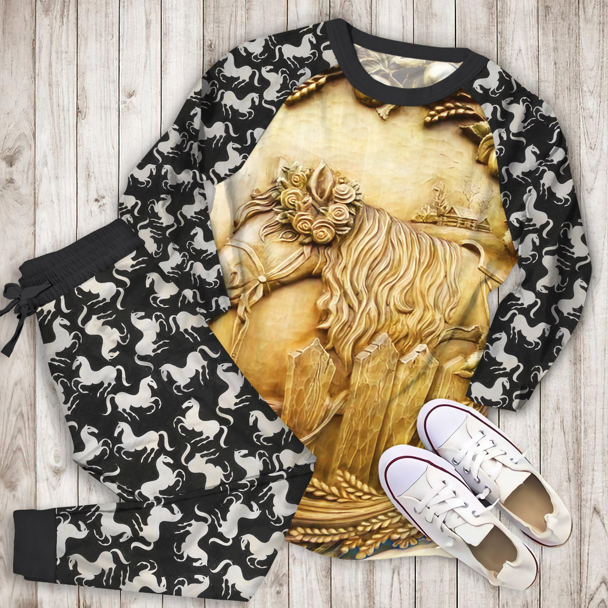 Horse Pajama Set | Pajamas | Cotton Sleepwear Sets | Soft Long Sleeve Pjs | Raglan Shirt and Pants Set