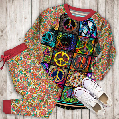 Hippie Peace Sign Pajama Set |Sleepwear Pjs Sets | Raglan Shirt Pants Set