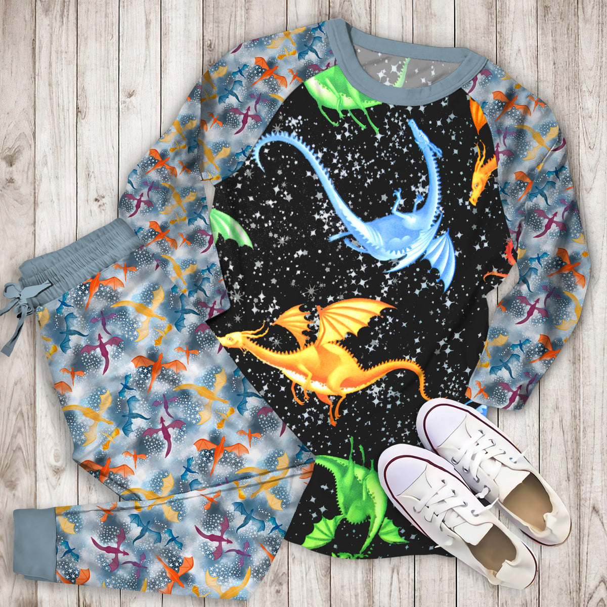 Dragon Pajama Set | Pajamas | Cotton Sleepwear Sets | Soft Long Sleeve Pjs | Raglan Shirt and Pants Set