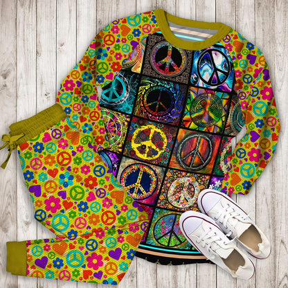 Hippie Peace Sign Pajama Set |Sleepwear Pjs Sets | Raglan Shirt Pants Set