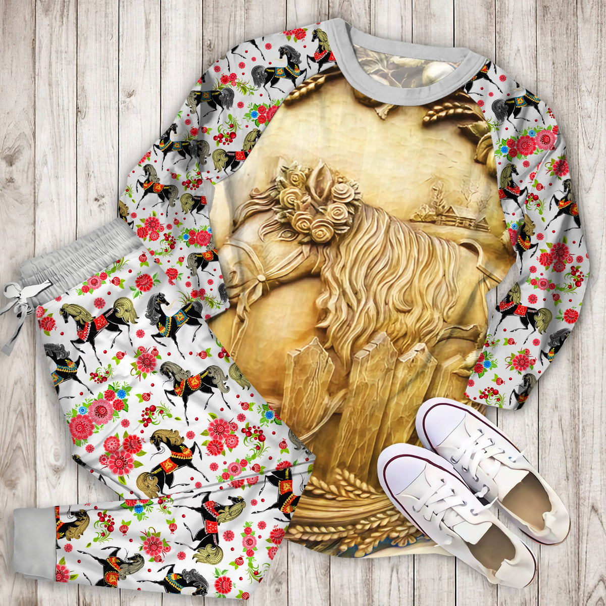Horse Pajama Set | Pajamas | Cotton Sleepwear Sets | Soft Long Sleeve Pjs | Raglan Shirt and Pants Set