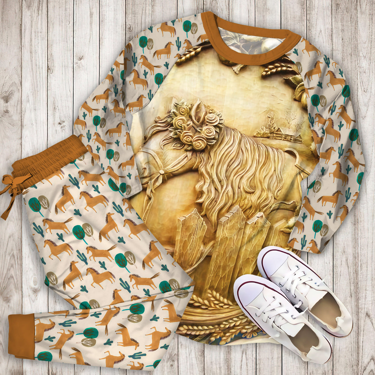 Horse Pajama Set | Pajamas | Cotton Sleepwear Sets | Soft Long Sleeve Pjs | Raglan Shirt and Pants Set