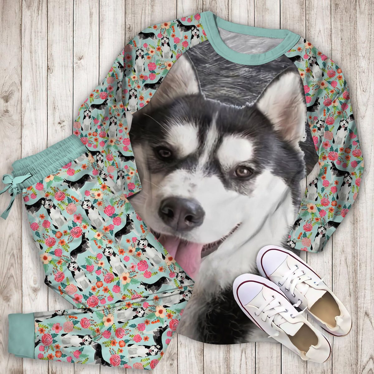 Husky Pajama Set | Pajamas | Cotton Sleepwear Sets | Soft Long Sleeve Pjs | Raglan Shirt and Pants Set