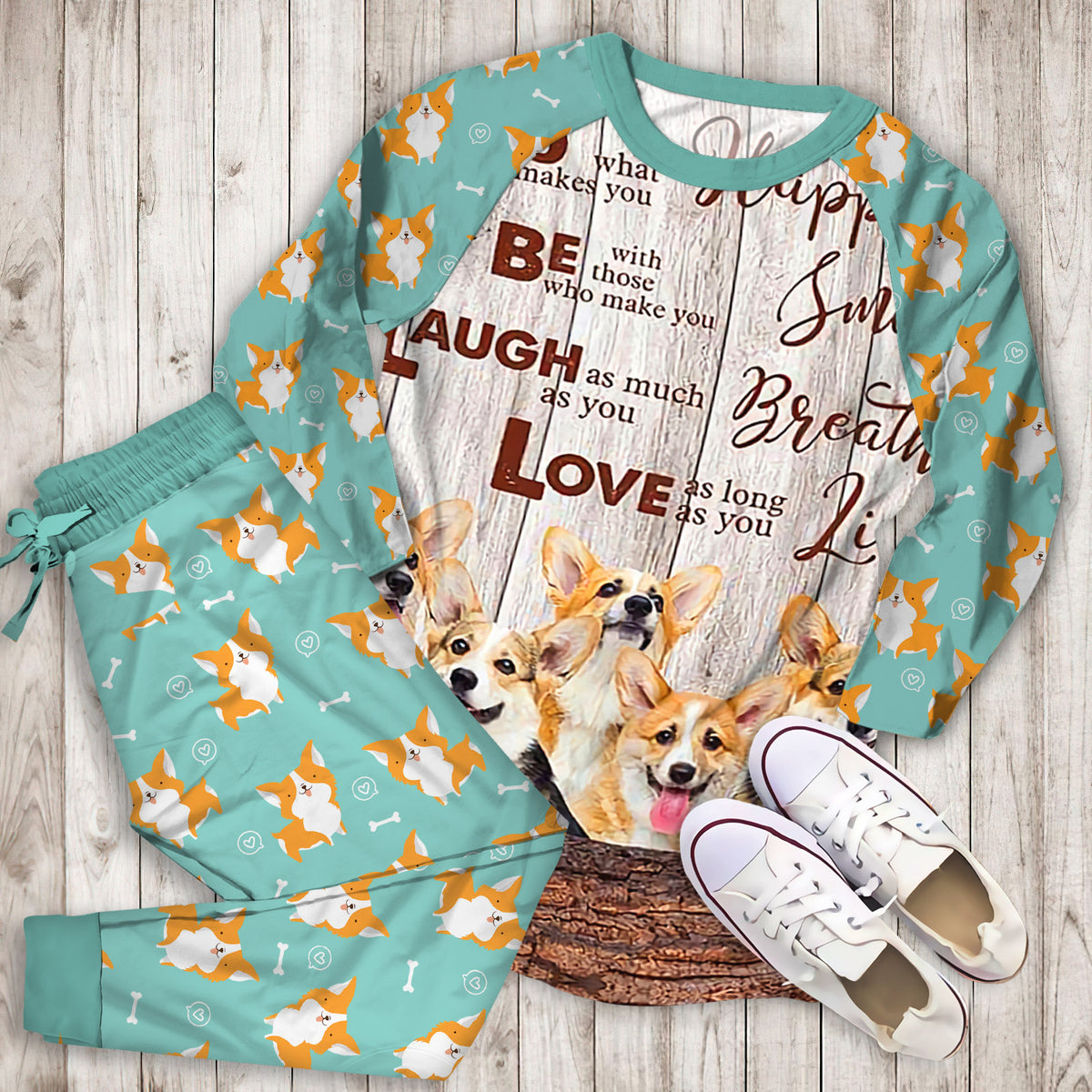 Corgi Dog Pajama Set | Pajamas | Cotton Sleepwear Sets | Soft Long Sleeve Pjs | Raglan Shirt and Pants Set