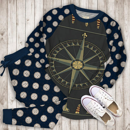 Compass And Lighthouse Pajama Set | Pajamas | Cotton Sleepwear Sets | Soft Long Sleeve Pjs | Raglan Shirt and Pants Set
