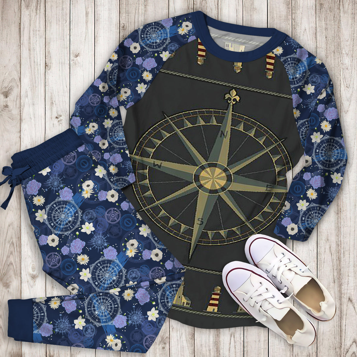 Compass And Lighthouse Pajama Set | Pajamas | Cotton Sleepwear Sets | Soft Long Sleeve Pjs | Raglan Shirt and Pants Set