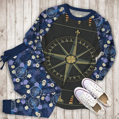 Compass And Lighthouse Pajama Set | Pajamas | Cotton Sleepwear Sets | Soft Long Sleeve Pjs | Raglan Shirt and Pants Set