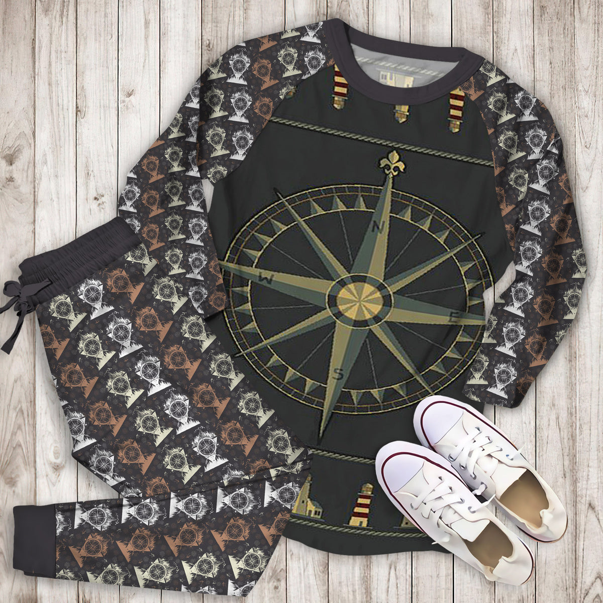 Compass And Lighthouse Pajama Set | Pajamas | Cotton Sleepwear Sets | Soft Long Sleeve Pjs | Raglan Shirt and Pants Set