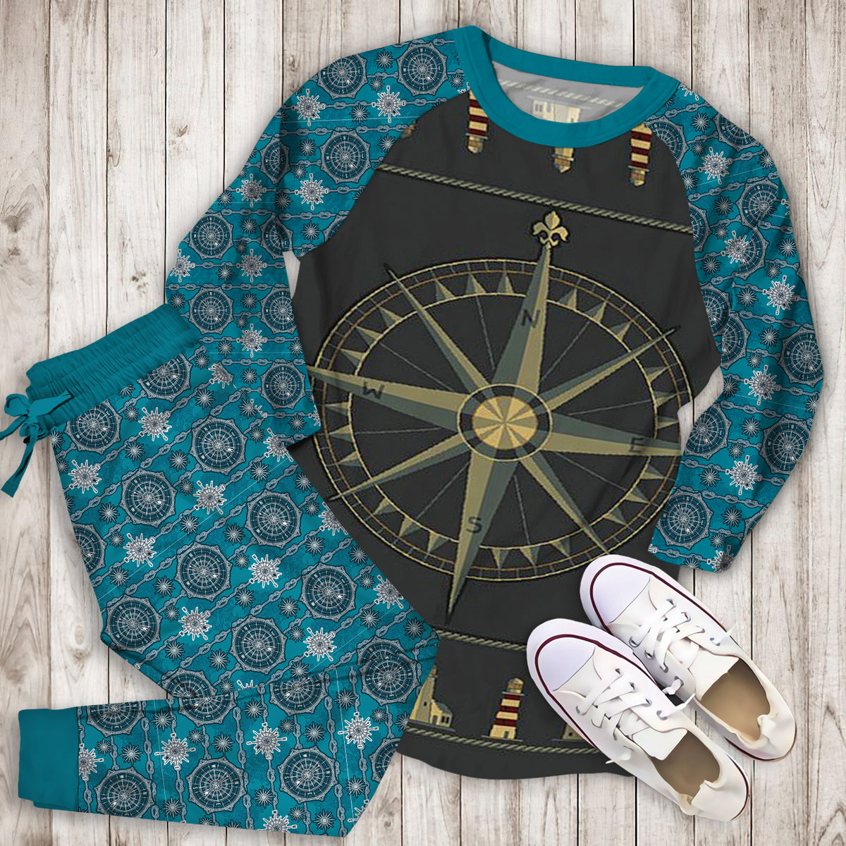Compass And Lighthouse Pajama Set | Pajamas | Cotton Sleepwear Sets | Soft Long Sleeve Pjs | Raglan Shirt and Pants Set