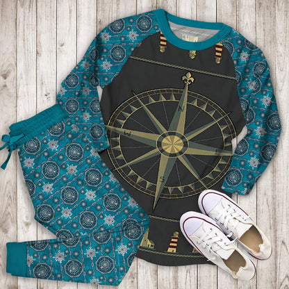 Compass And Lighthouse Pajama Set | Pajamas | Cotton Sleepwear Sets | Soft Long Sleeve Pjs | Raglan Shirt and Pants Set
