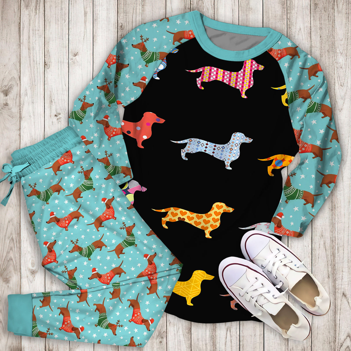 Dachshund Temperance Pajama Set | Pajamas | Cotton Sleepwear Sets | Soft Long Sleeve Pjs | Raglan Shirt and Pants Set