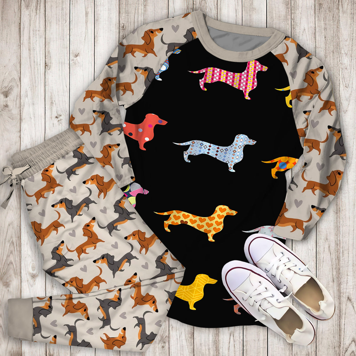 Dachshund Temperance Pajama Set | Pajamas | Cotton Sleepwear Sets | Soft Long Sleeve Pjs | Raglan Shirt and Pants Set