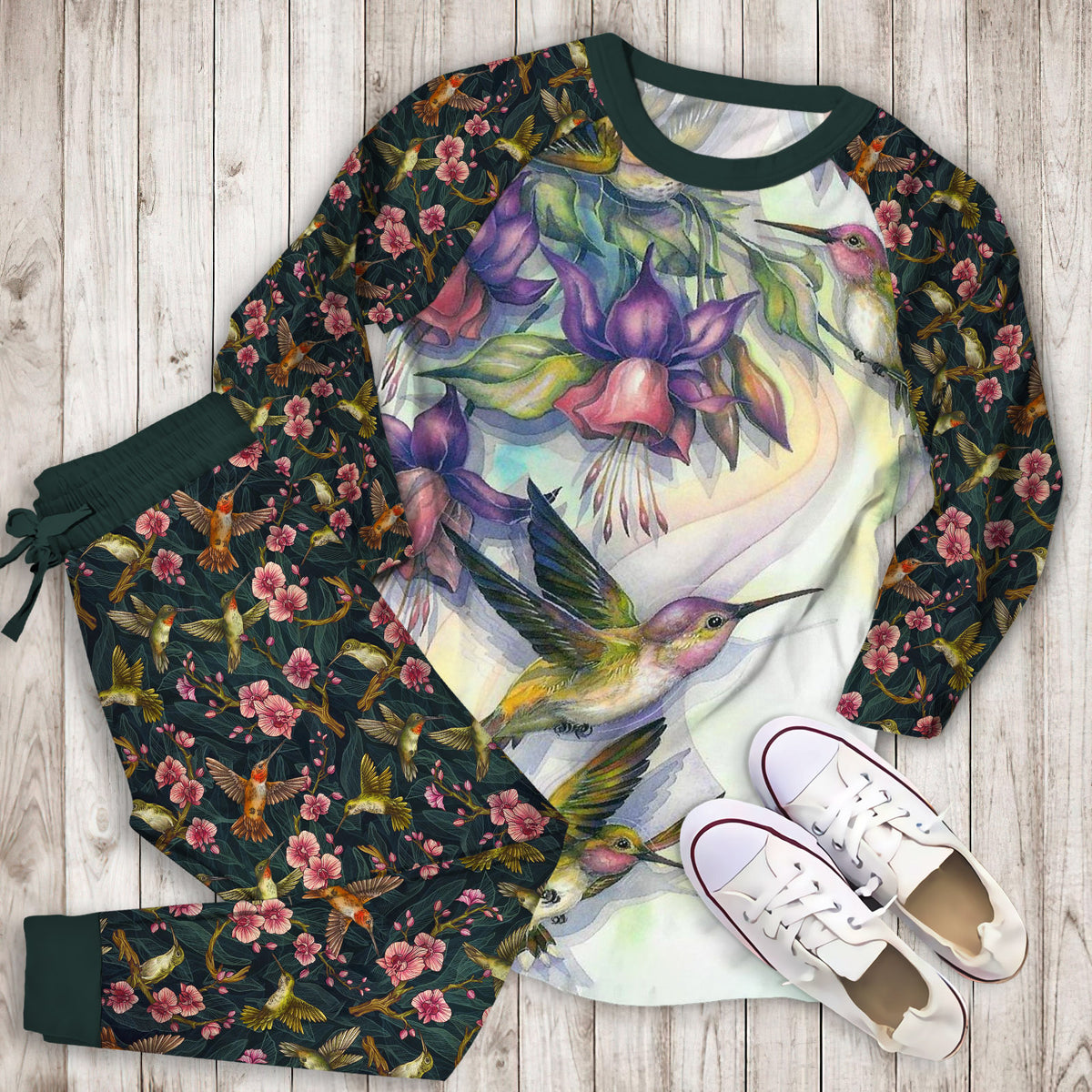 Hummingbird Pajama Set | Pajamas | Cotton Sleepwear Sets | Soft Long Sleeve Pjs | Raglan Shirt and Pants Set