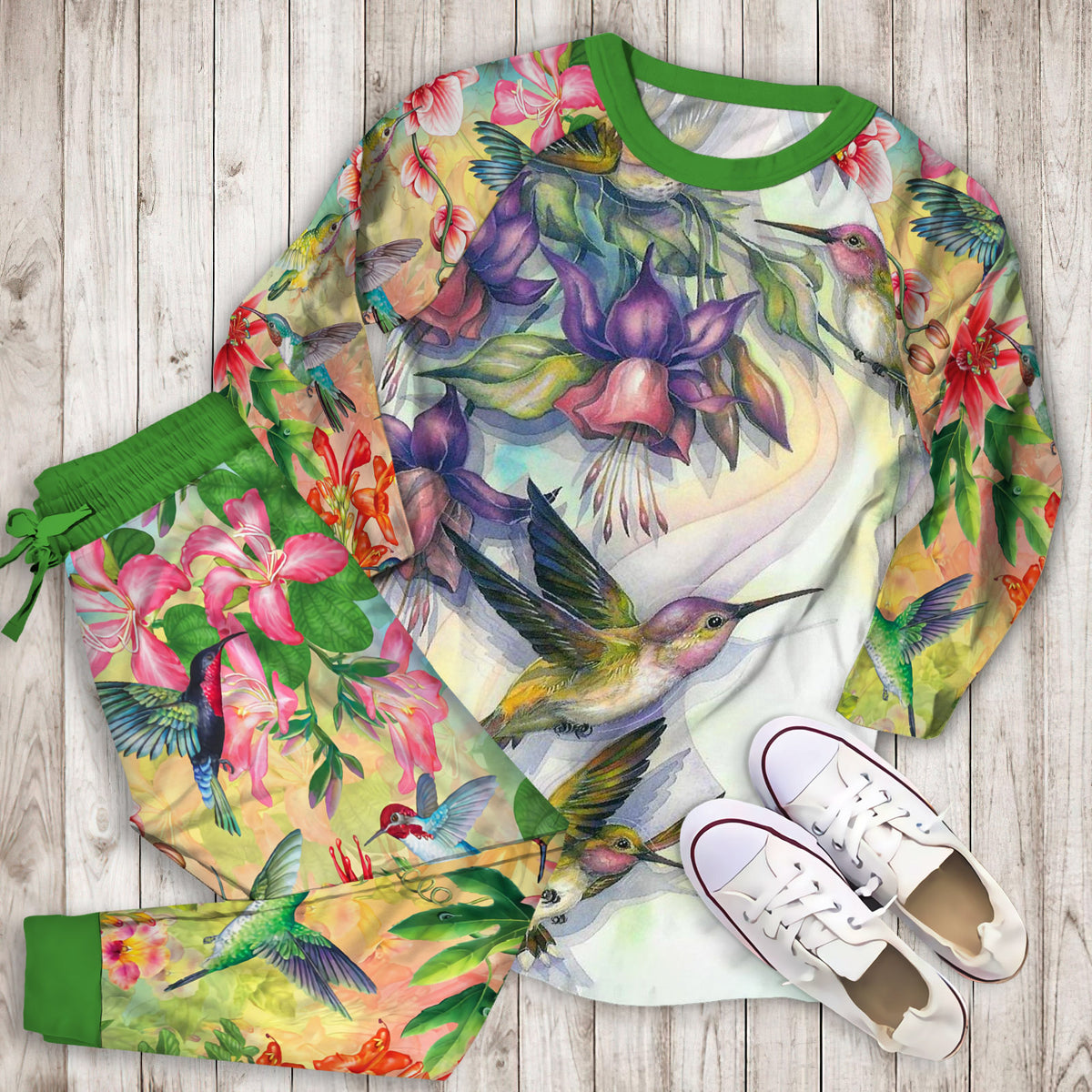 Hummingbird Pajama Set | Pajamas | Cotton Sleepwear Sets | Soft Long Sleeve Pjs | Raglan Shirt and Pants Set