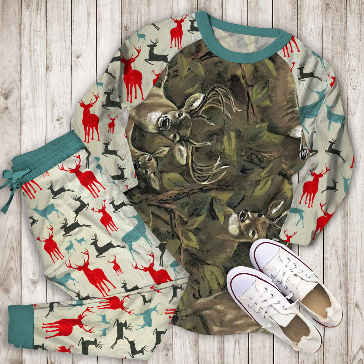 Deer Hunting Pajama Set | Pajamas | Cotton Sleepwear Sets | Soft Long Sleeve Pjs | Raglan Shirt and Pants Set