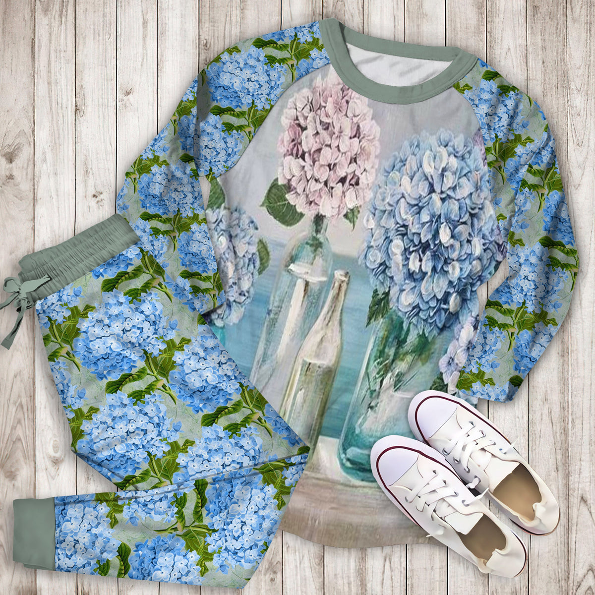 Hydrangea Flowers Pajama Set | Pajamas | Cotton Sleepwear Sets | Soft Long Sleeve Pjs | Raglan Shirt and Pants Set
