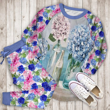 Hydrangea Flowers Pajama Set | Pajamas | Cotton Sleepwear Sets | Soft Long Sleeve Pjs | Raglan Shirt and Pants Set