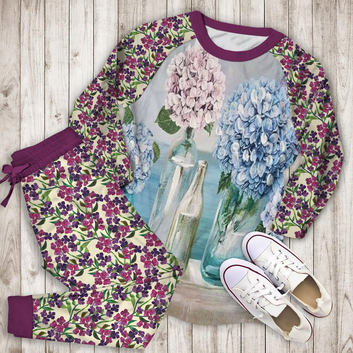 Hydrangea Flowers Pajama Set | Pajamas | Cotton Sleepwear Sets | Soft Long Sleeve Pjs | Raglan Shirt and Pants Set