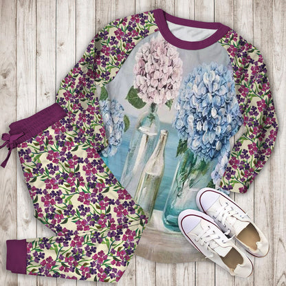 Hydrangea Flowers Pajama Set | Pajamas | Cotton Sleepwear Sets | Soft Long Sleeve Pjs | Raglan Shirt and Pants Set