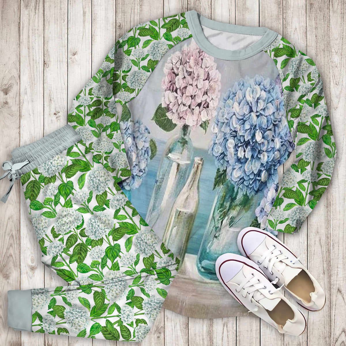 Hydrangea Flowers Pajama Set | Pajamas | Cotton Sleepwear Sets | Soft Long Sleeve Pjs | Raglan Shirt and Pants Set