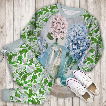 Hydrangea Flowers Pajama Set | Pajamas | Cotton Sleepwear Sets | Soft Long Sleeve Pjs | Raglan Shirt and Pants Set