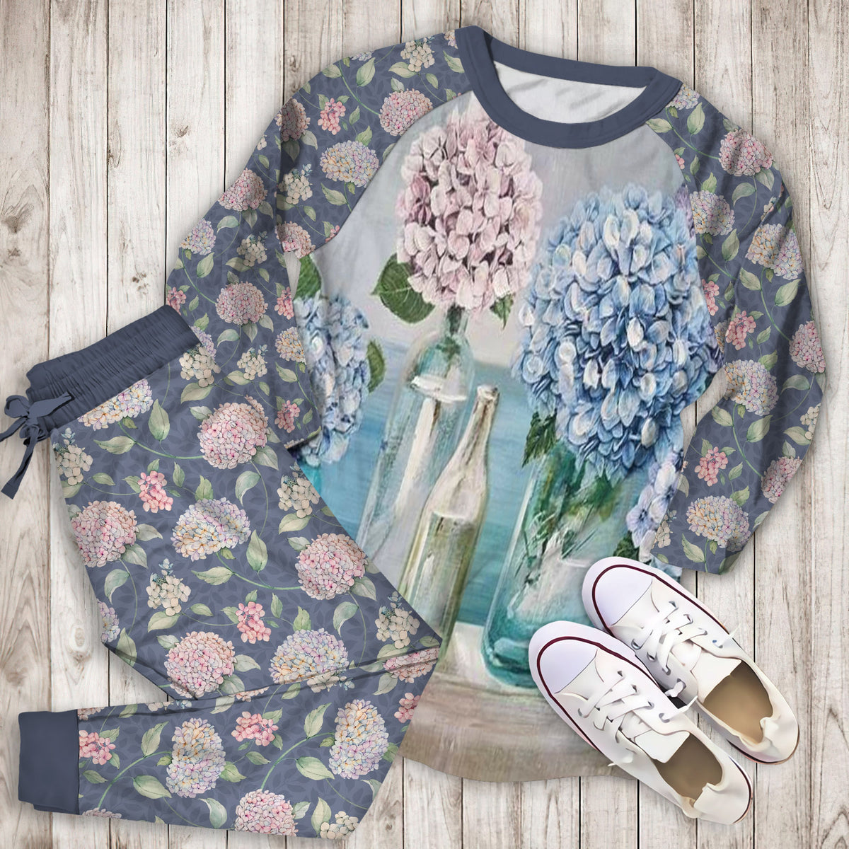 Hydrangea Flowers Pajama Set | Pajamas | Cotton Sleepwear Sets | Soft Long Sleeve Pjs | Raglan Shirt and Pants Set