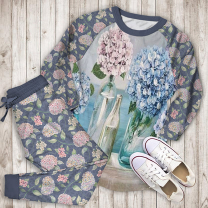 Hydrangea Flowers Pajama Set | Pajamas | Cotton Sleepwear Sets | Soft Long Sleeve Pjs | Raglan Shirt and Pants Set