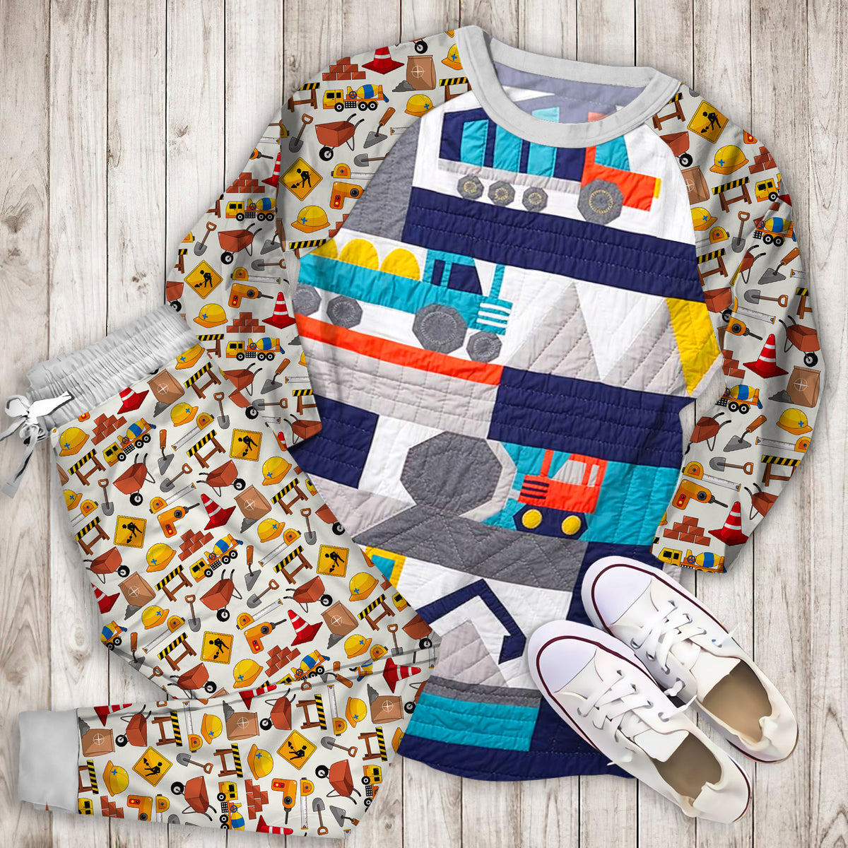 Organic Jax Construction Pajama Set | Pajamas | Cotton Sleepwear Sets | Soft Long Sleeve Pjs | Raglan Shirt and Pants Set