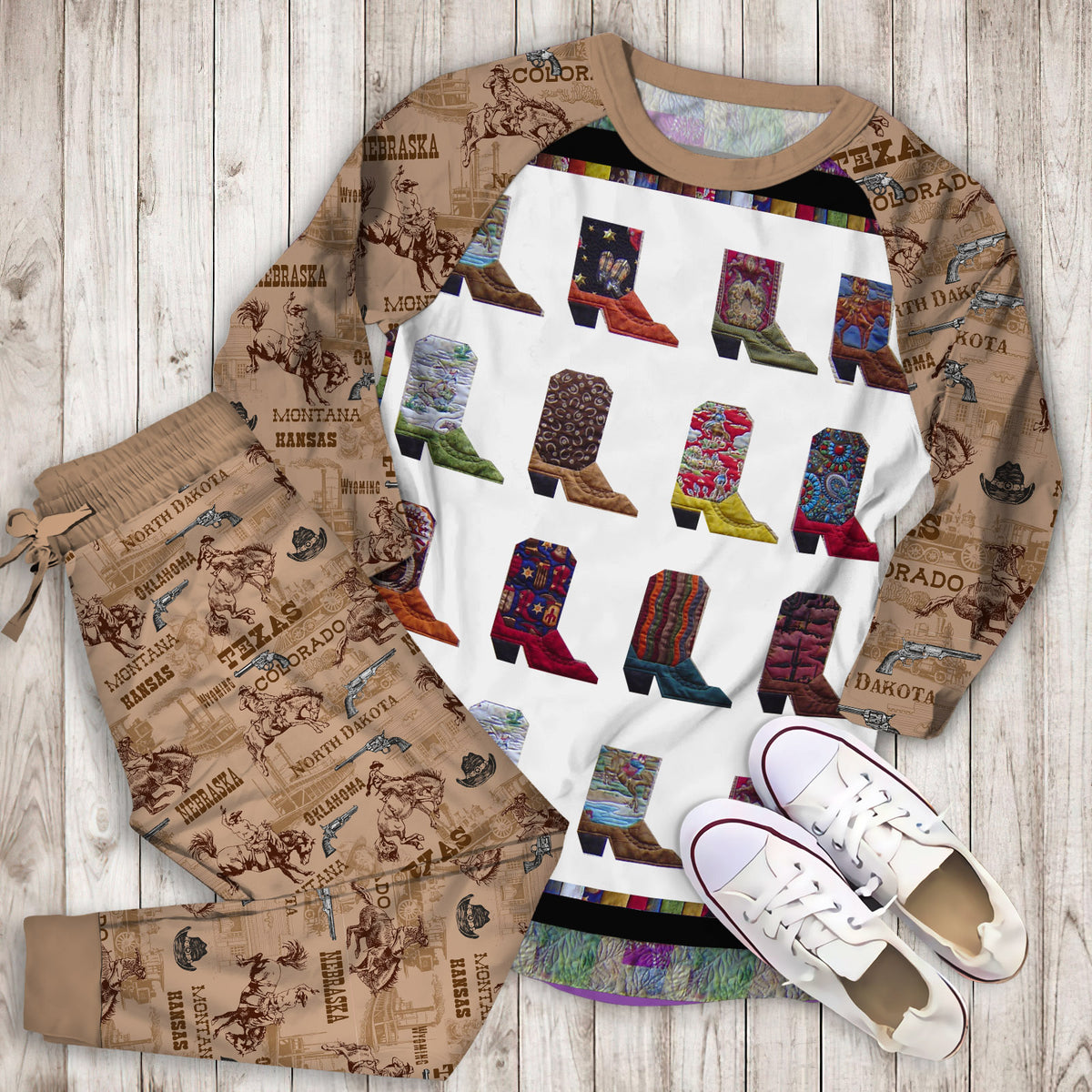 Cowboy Boots Pajama Set |Sleepwear Pjs Sets | Raglan Shirt Pants Set