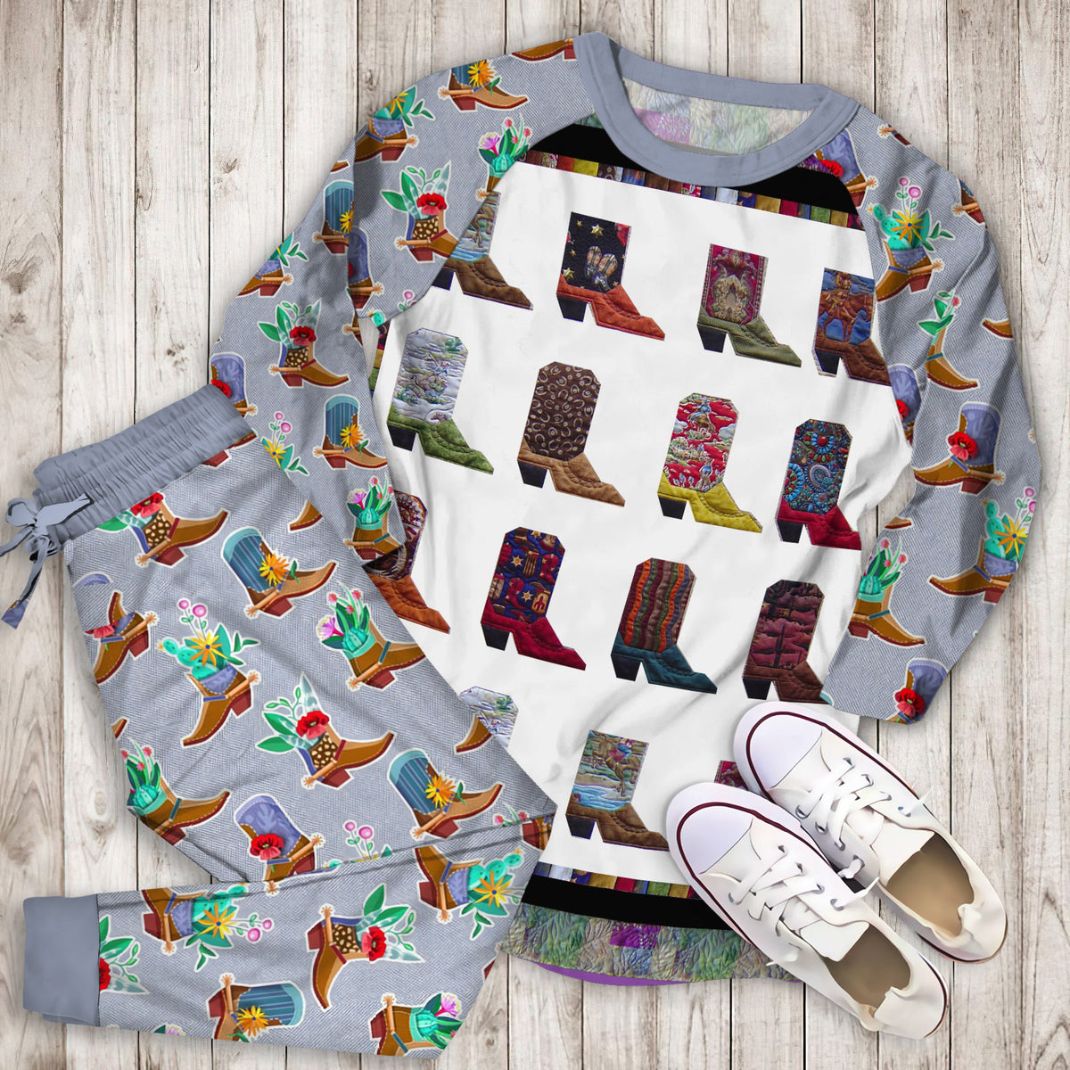 Cowboy Boots Pajama Set |Sleepwear Pjs Sets | Raglan Shirt Pants Set