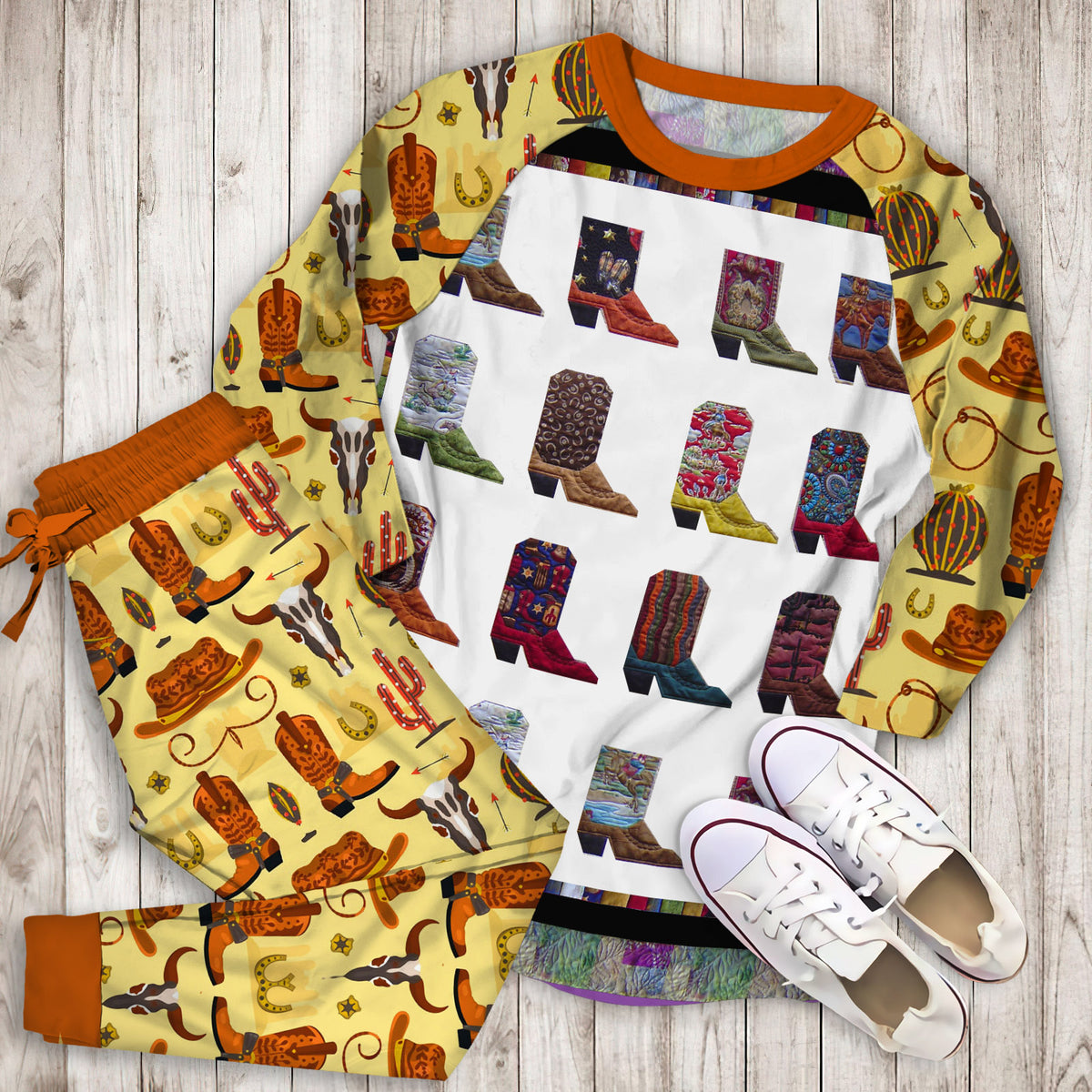 Cowboy Boots Pajama Set |Sleepwear Pjs Sets | Raglan Shirt Pants Set