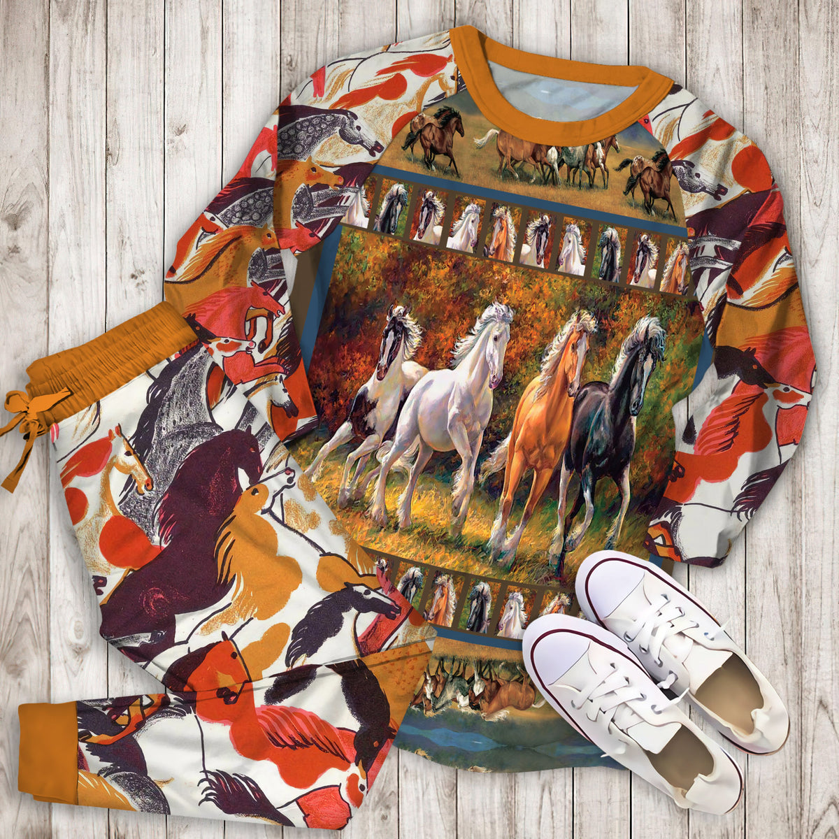 Horse Pajama Set | Pajamas | Cotton Sleepwear Sets | Soft Long Sleeve Pjs | Raglan Shirt and Pants Set