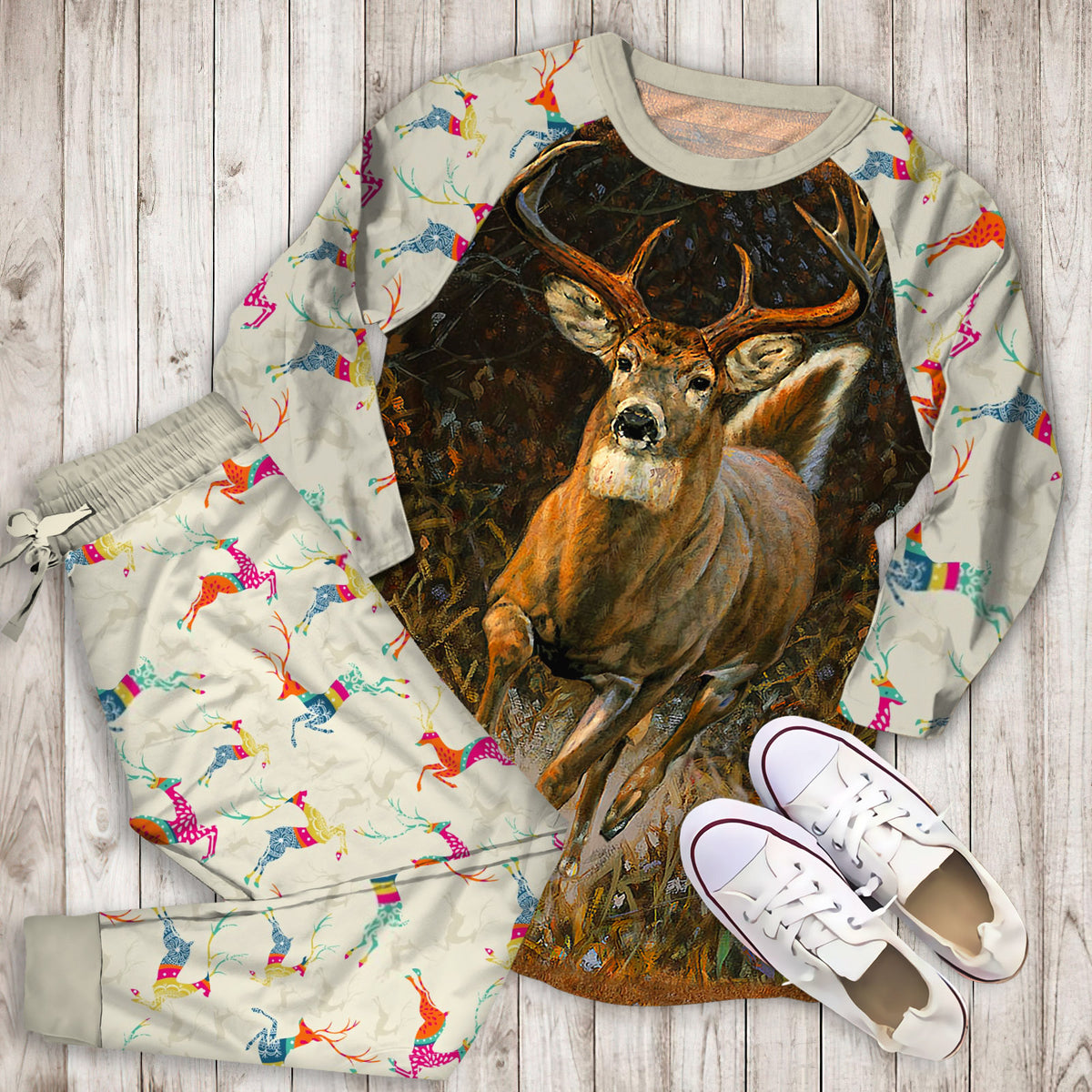 Deer Pajama Set | Pajamas | Cotton Sleepwear Sets | Soft Long Sleeve Pjs | Raglan Shirt and Pants Set