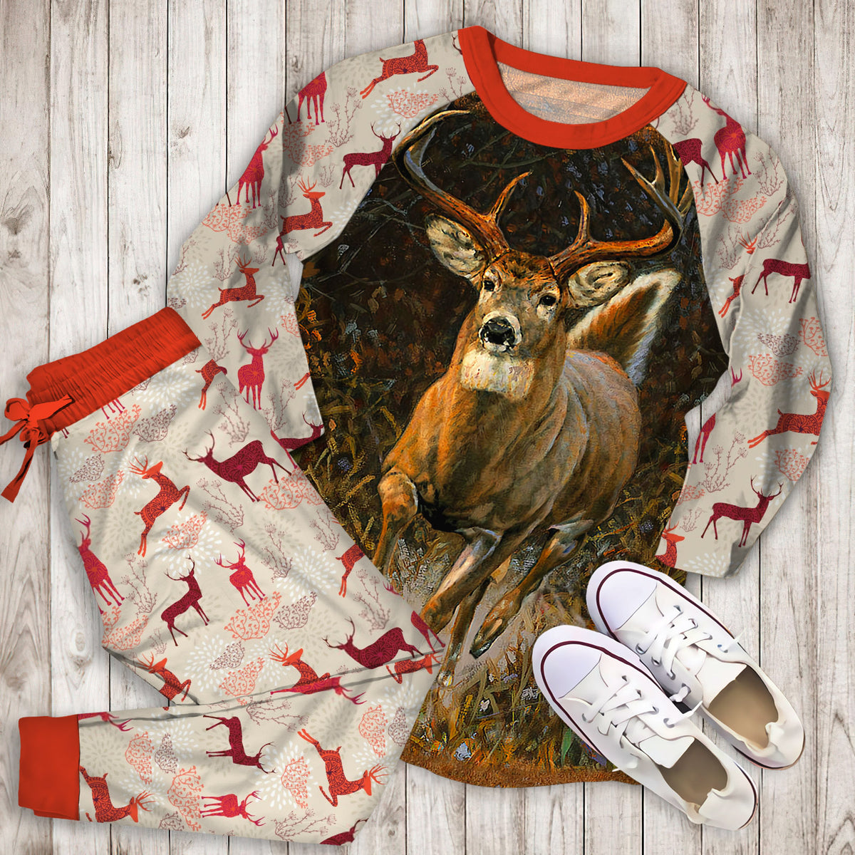 Deer Pajama Set | Pajamas | Cotton Sleepwear Sets | Soft Long Sleeve Pjs | Raglan Shirt and Pants Set