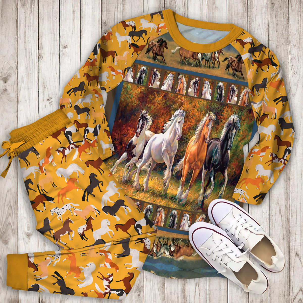Horse Pajama Set | Pajamas | Cotton Sleepwear Sets | Soft Long Sleeve Pjs | Raglan Shirt and Pants Set