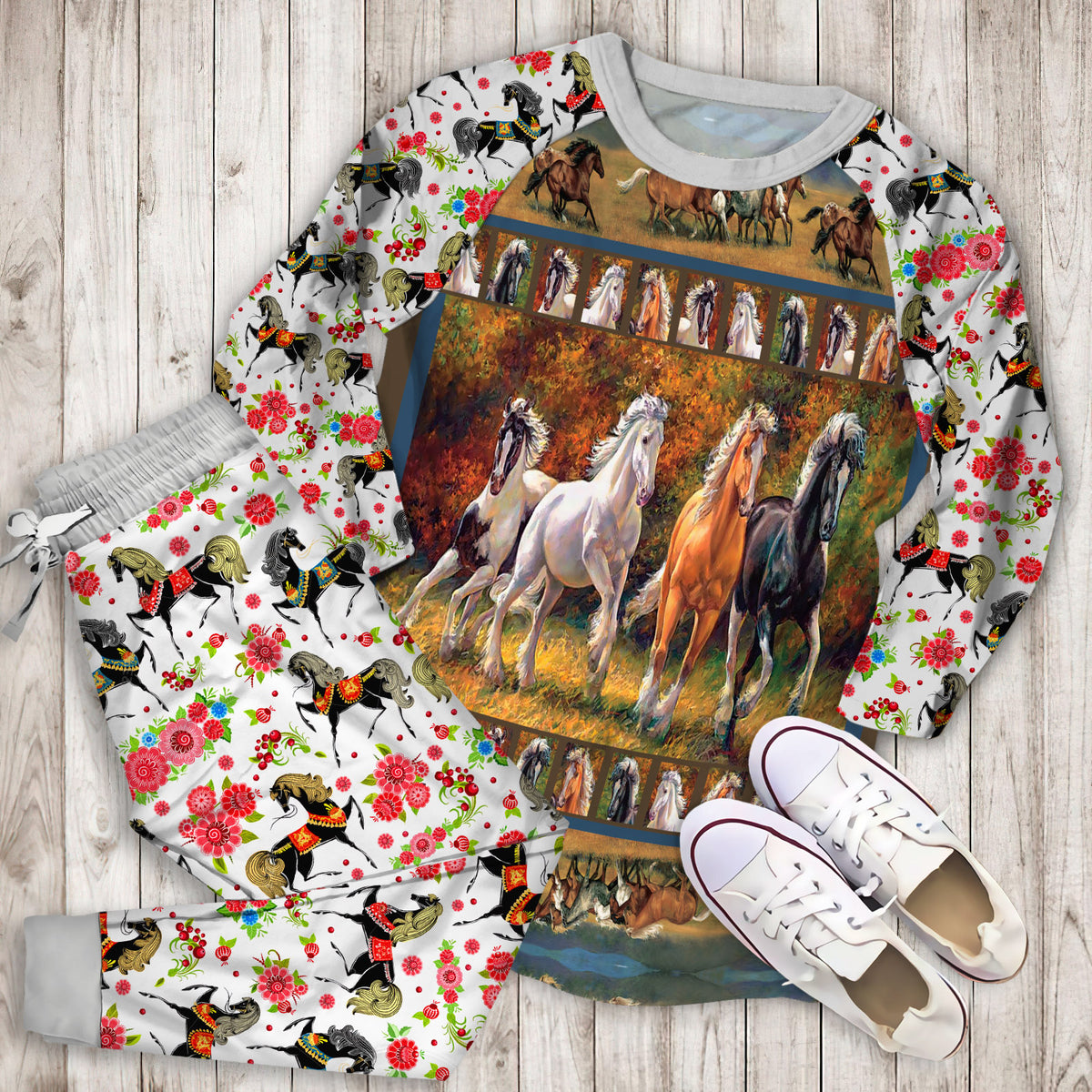 Horse Pajama Set | Pajamas | Cotton Sleepwear Sets | Soft Long Sleeve Pjs | Raglan Shirt and Pants Set