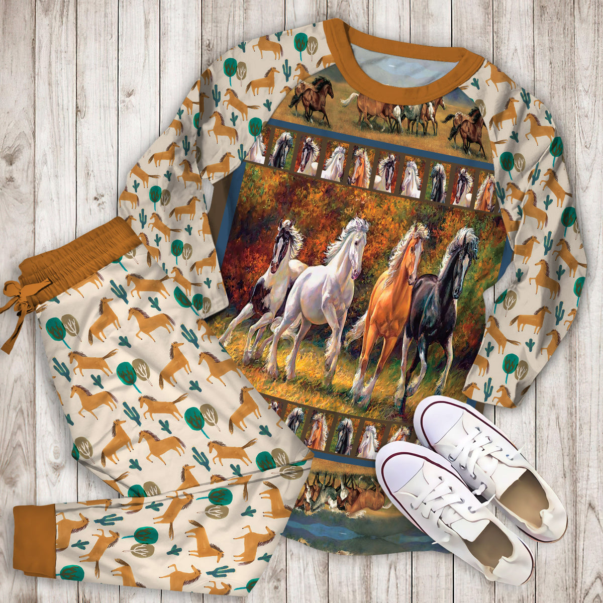 Horse Pajama Set | Pajamas | Cotton Sleepwear Sets | Soft Long Sleeve Pjs | Raglan Shirt and Pants Set
