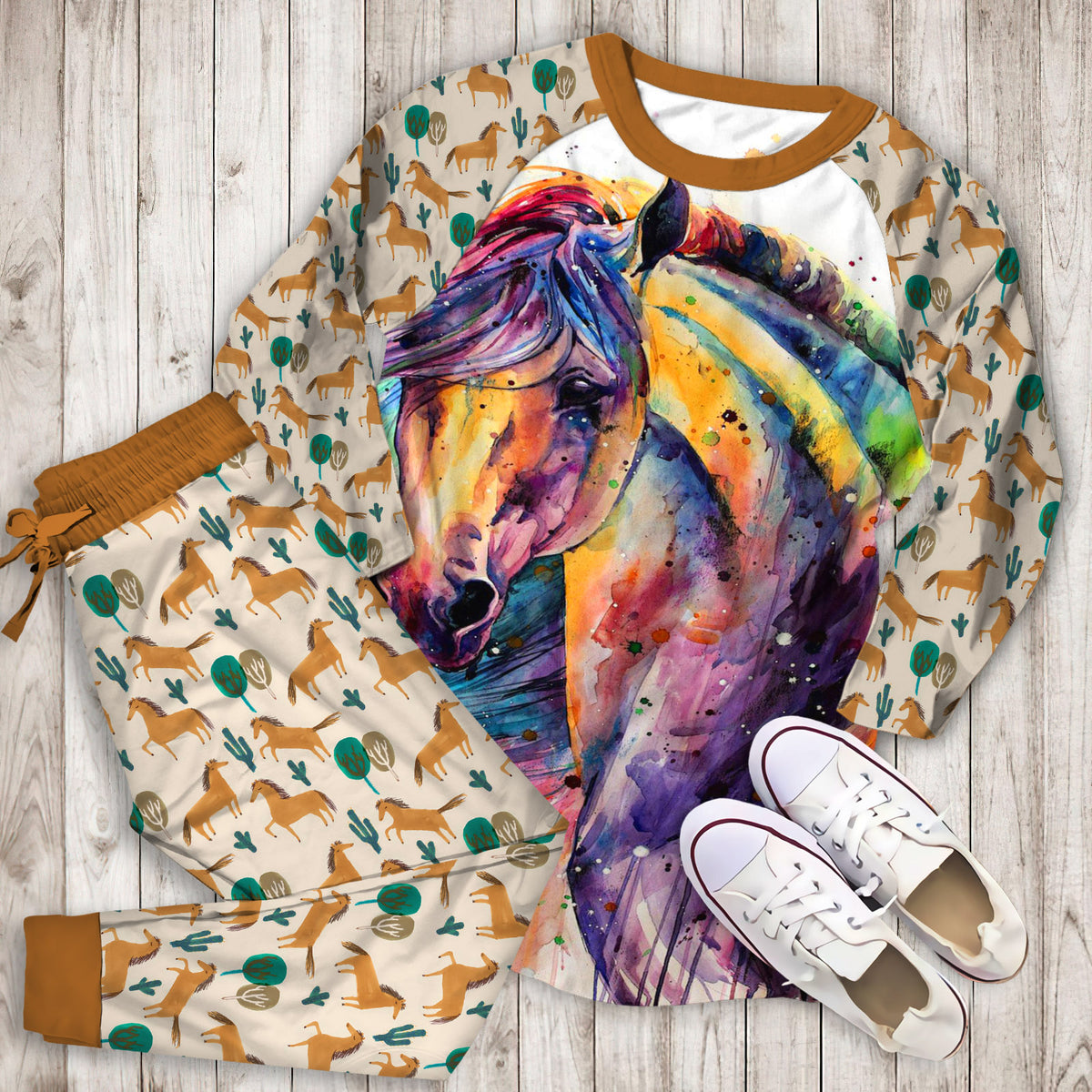 Horse Pajama Set | Pajamas | Cotton Sleepwear Sets | Soft Long Sleeve Pjs | Raglan Shirt and Pants Set