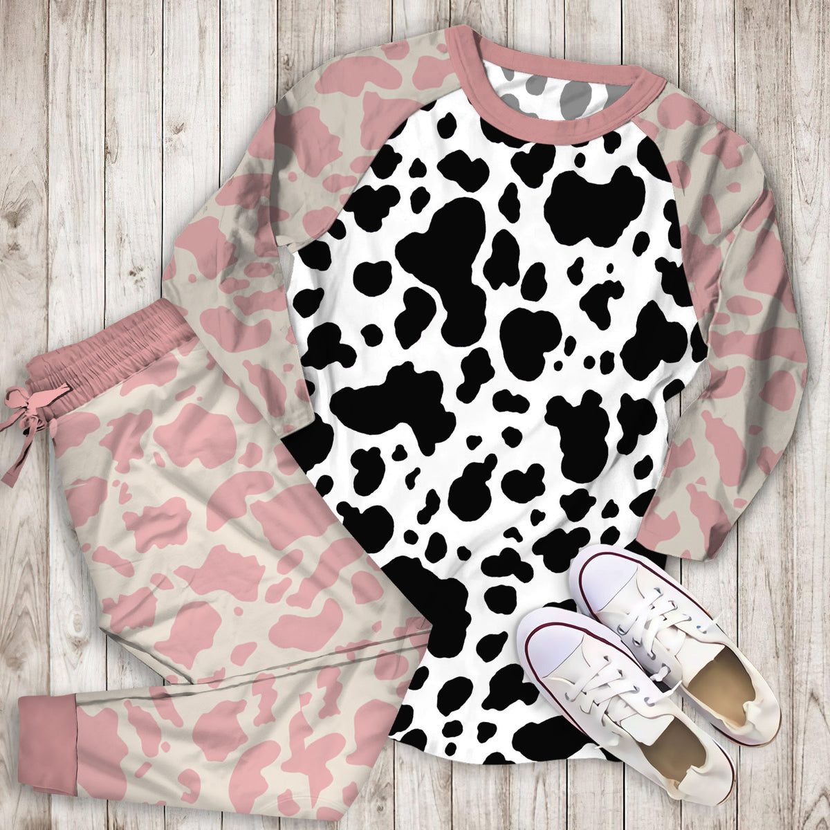 Cow Pajama Set | Pajamas | Cotton Sleepwear Sets | Soft Long Sleeve Pjs | Raglan Shirt and Pants Set