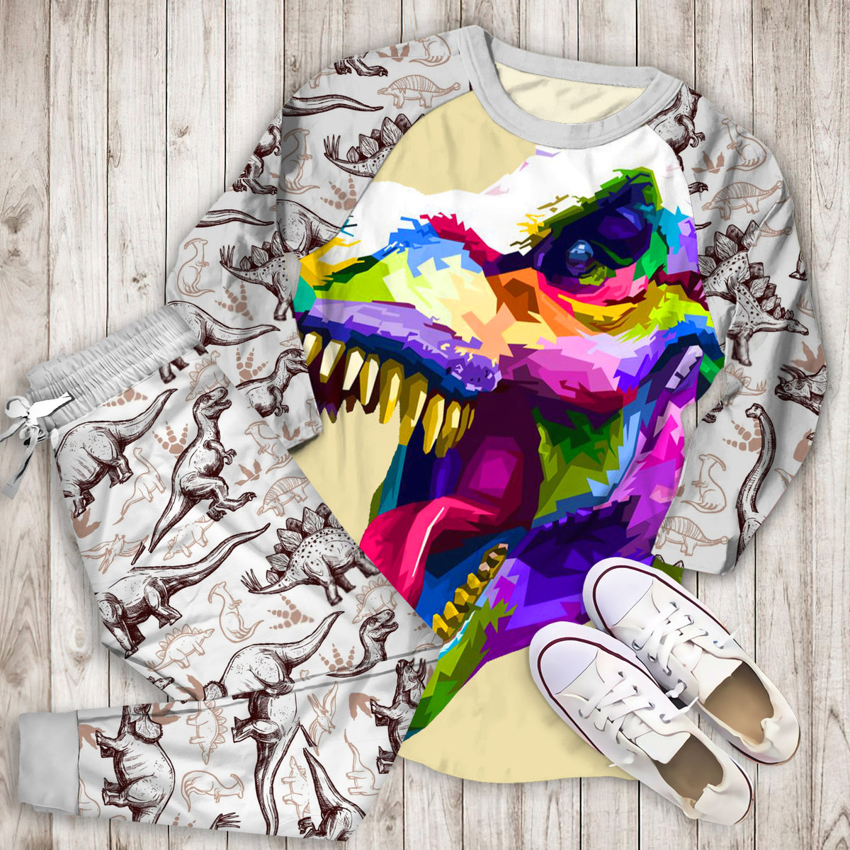 Digital Dinosaur Pajama Set | Pajamas | Cotton Sleepwear Sets | Soft Long Sleeve Pjs | Raglan Shirt and Pants Set