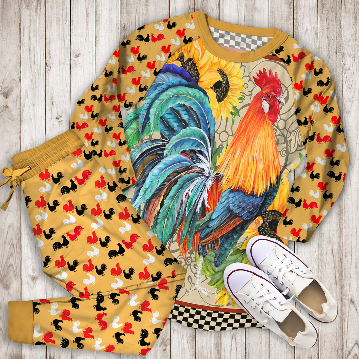 Rooster Sunflower Pajama Set | Pajamas | Cotton Sleepwear Sets | Soft Long Sleeve Pjs | Raglan Shirt and Pants Set