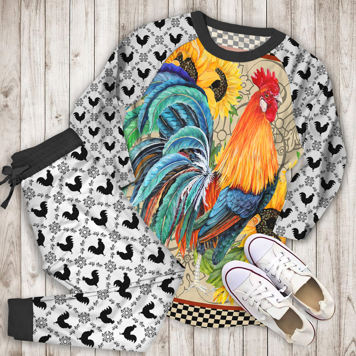 Rooster Sunflower Pajama Set | Pajamas | Cotton Sleepwear Sets | Soft Long Sleeve Pjs | Raglan Shirt and Pants Set