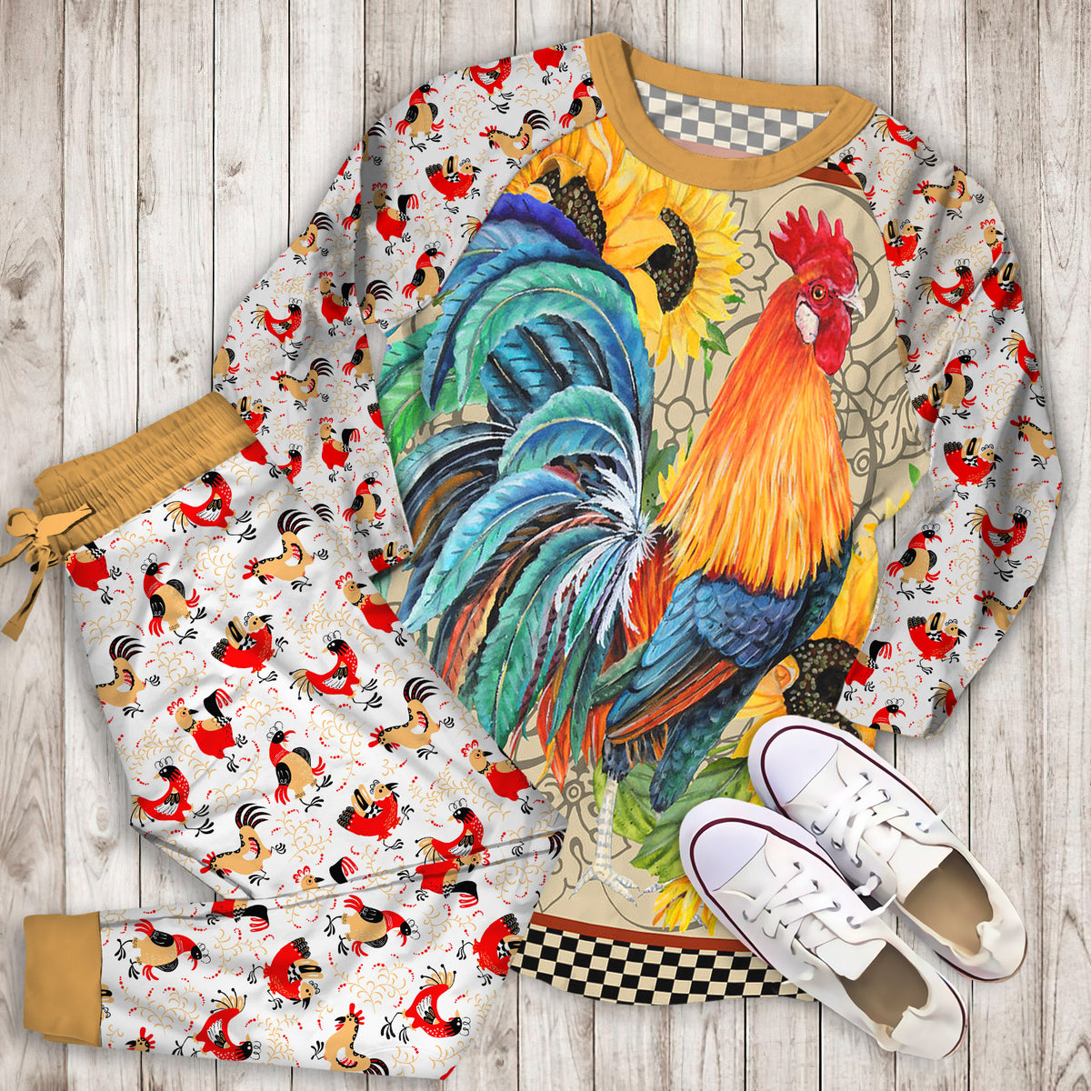 Rooster Sunflower Pajama Set | Pajamas | Cotton Sleepwear Sets | Soft Long Sleeve Pjs | Raglan Shirt and Pants Set
