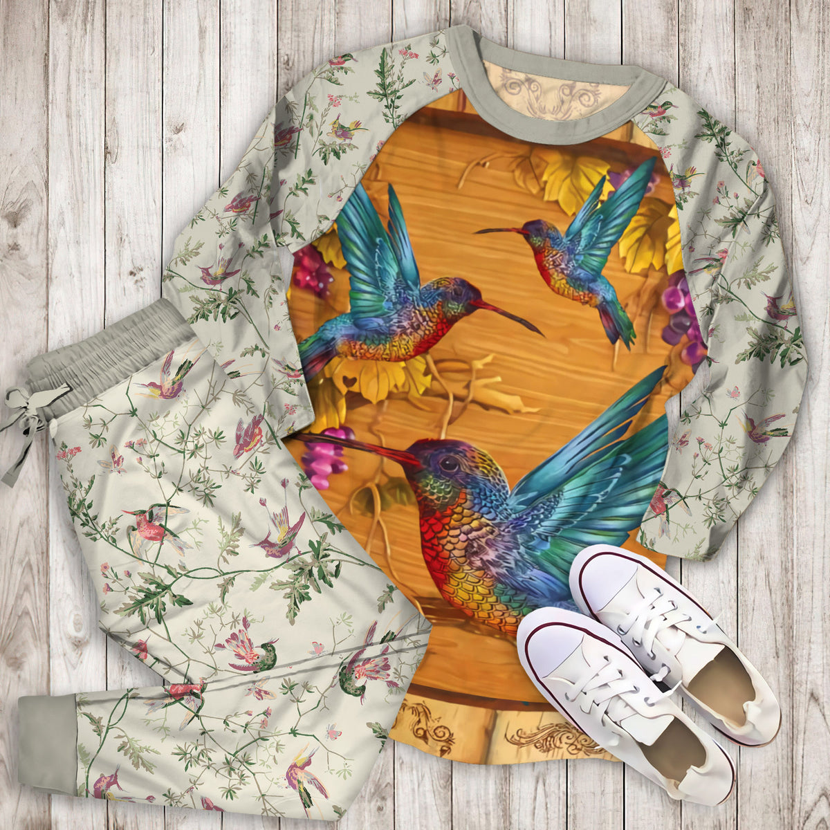 Humming Bird Pajama Set | Pajamas | Cotton Sleepwear Sets | Soft Long Sleeve Pjs | Raglan Shirt and Pants Set