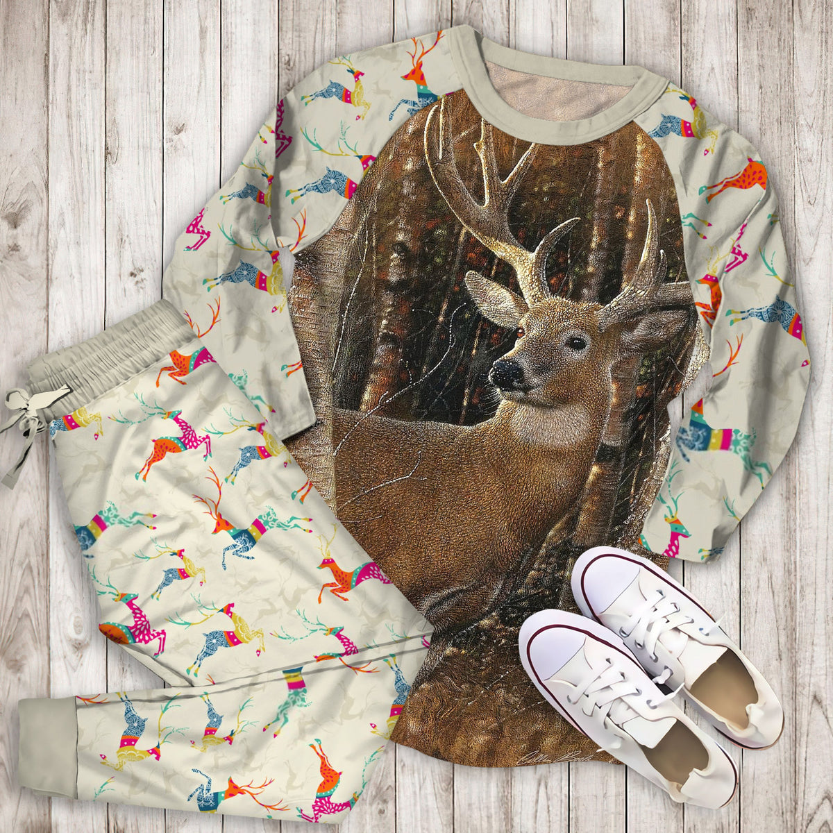 Birchwood Buck Deer Pajama Set | Pajamas | Cotton Sleepwear Sets | Soft Long Sleeve Pjs | Raglan Shirt and Pants Set