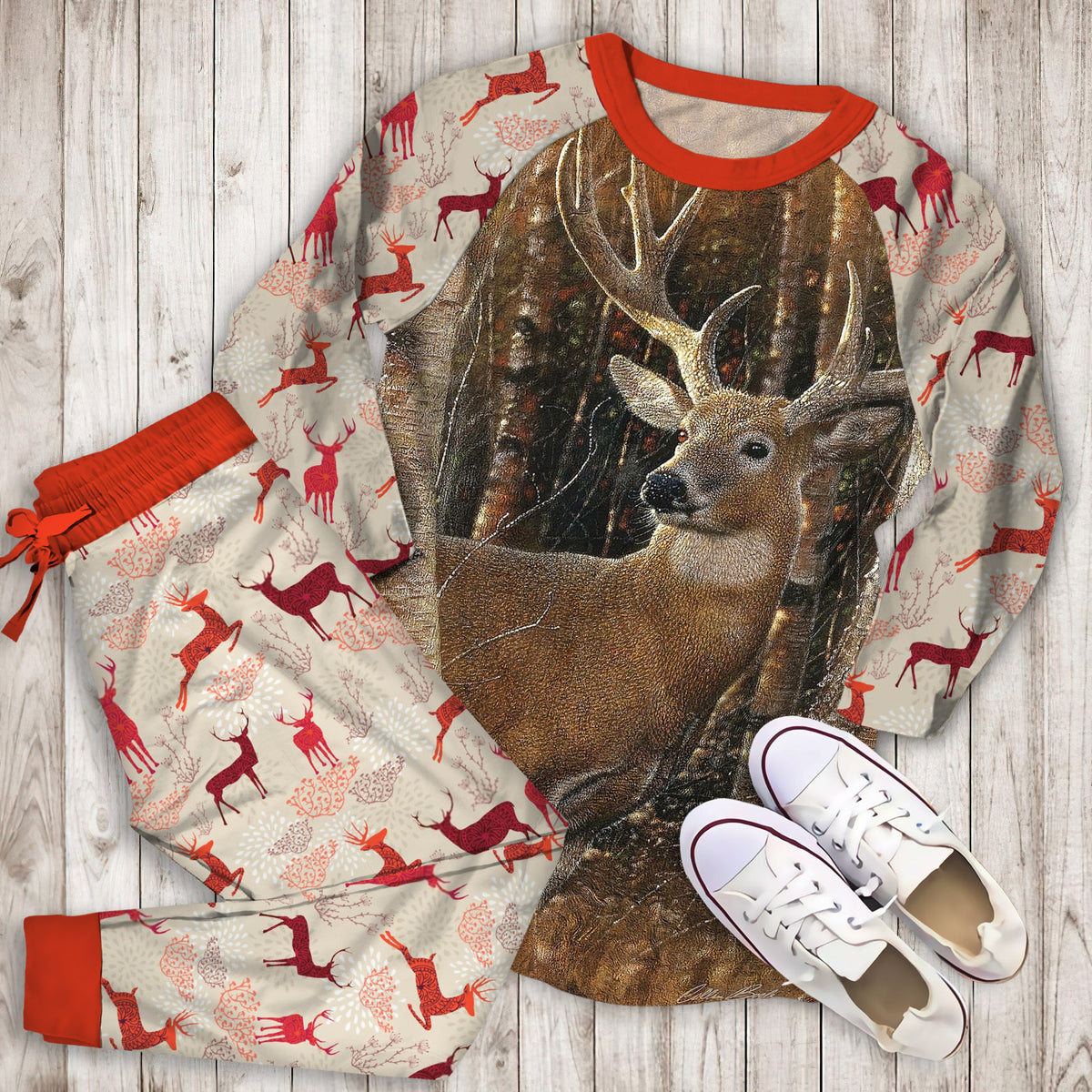 Birchwood Buck Deer Pajama Set | Pajamas | Cotton Sleepwear Sets | Soft Long Sleeve Pjs | Raglan Shirt and Pants Set