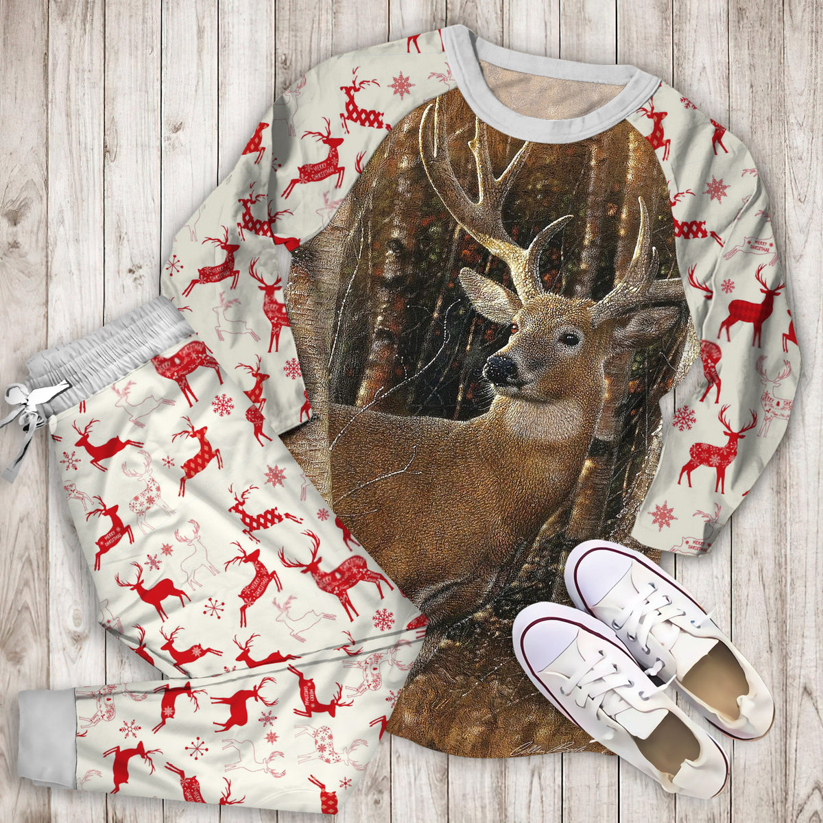 Birchwood Buck Deer Pajama Set | Pajamas | Cotton Sleepwear Sets | Soft Long Sleeve Pjs | Raglan Shirt and Pants Set