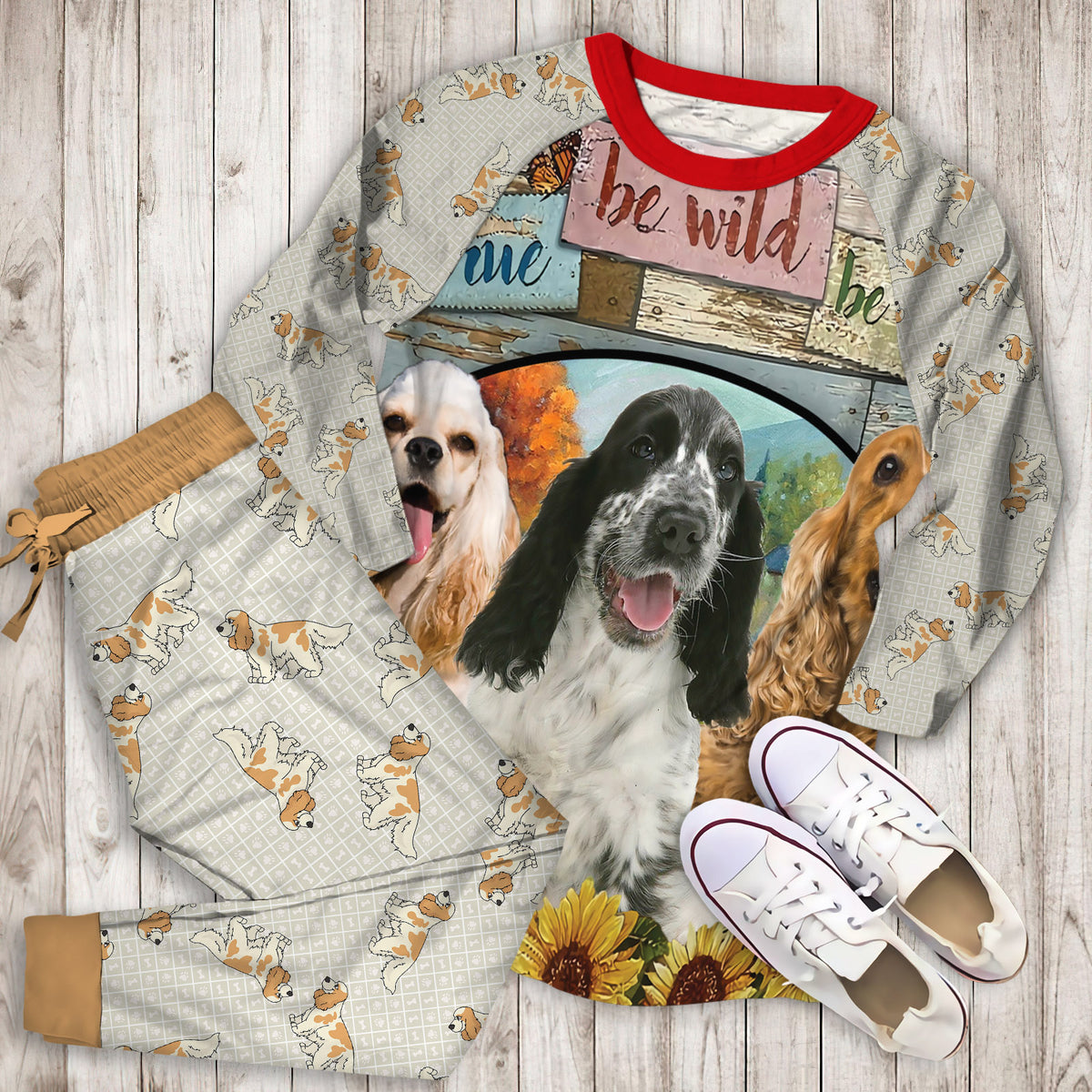 Cocker Spaniel Farm Pajama Set |Sleepwear Pjs Sets | Raglan Shirt Pants Set
