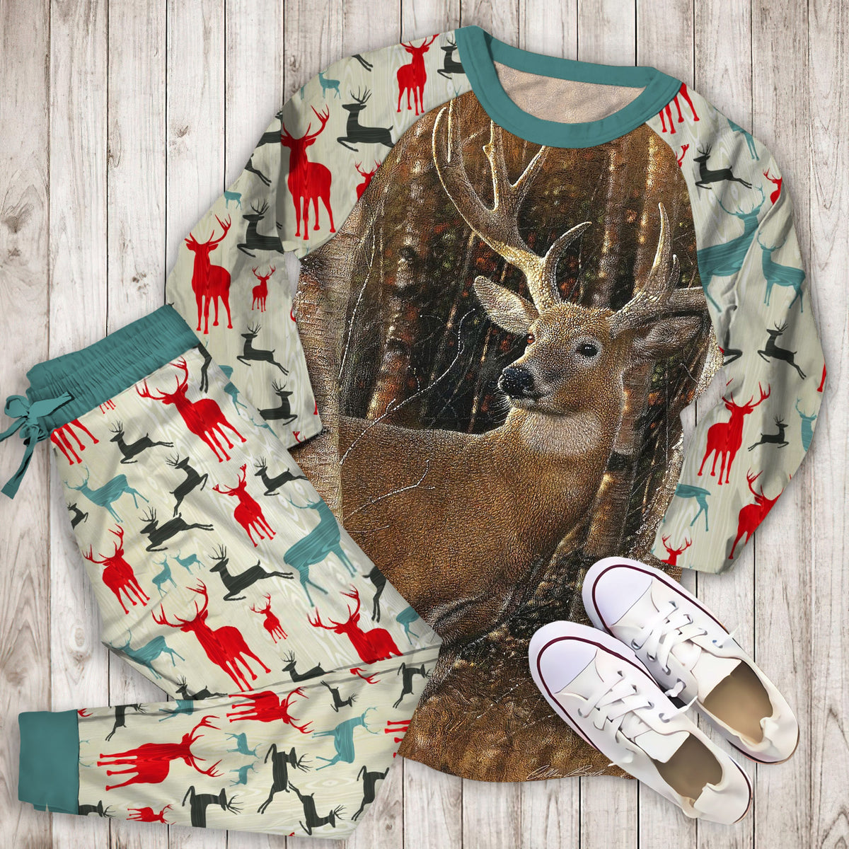 Birchwood Buck Deer Pajama Set | Pajamas | Cotton Sleepwear Sets | Soft Long Sleeve Pjs | Raglan Shirt and Pants Set